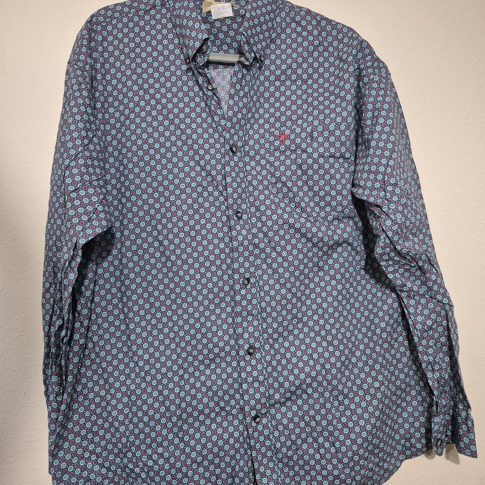 Wrangler Blue Casual Button Down Shirt with Geometric Pattern